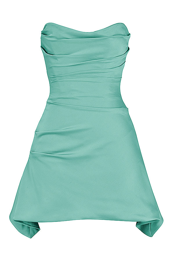 Satin Strapless Ruched Corset Asymmetric Hem Mini Dress 46