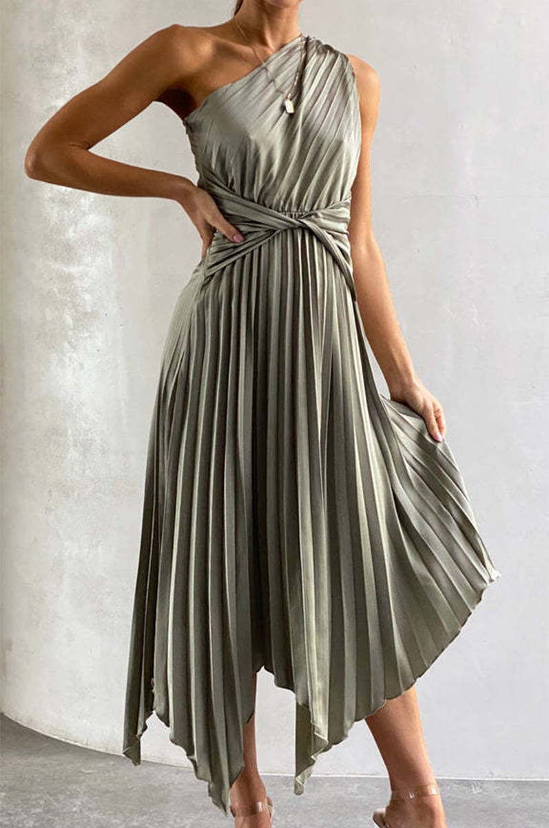 Statement Claudia One Shoulder Pleated Midi Dress Chic Silhouette Collection