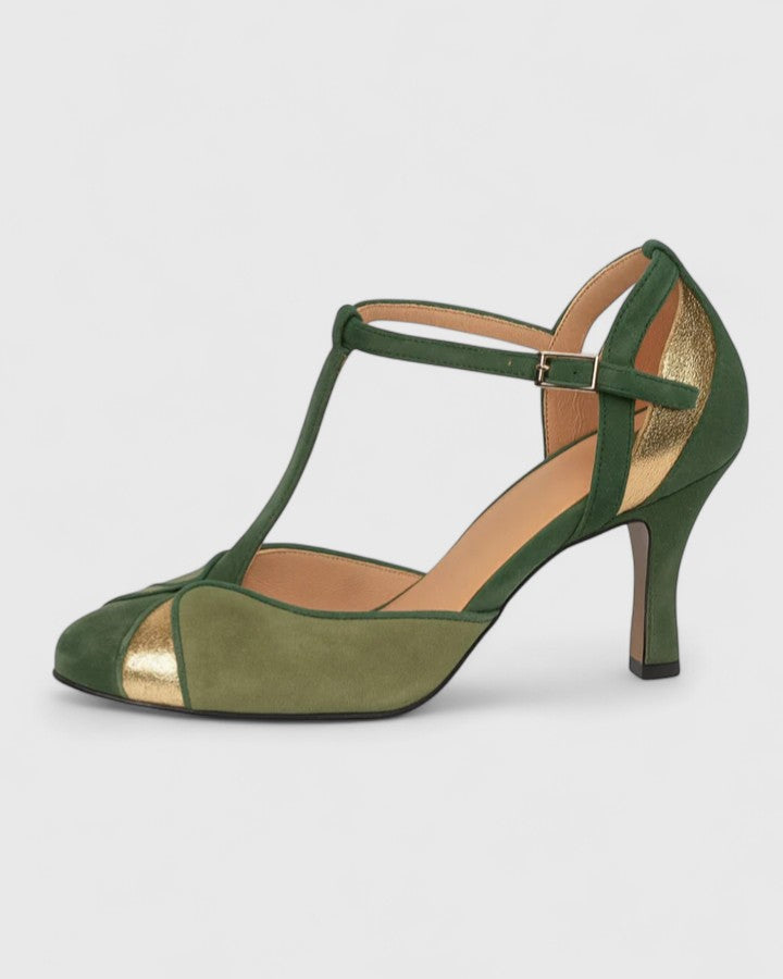 Round Toe T-Strap Stiletto Heel Pumps