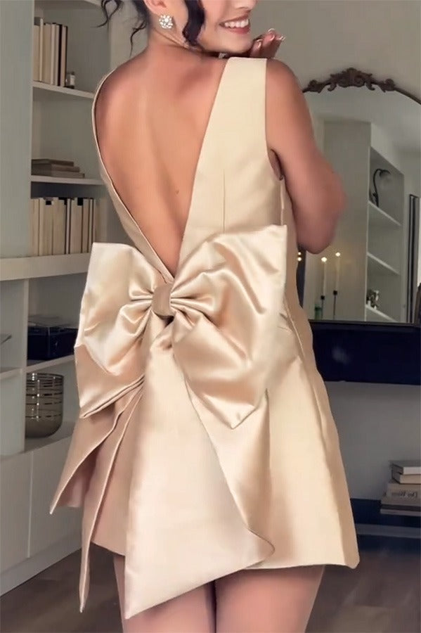 Satin Sleeveless V-Back Oversized Bow Backless Mini Dress