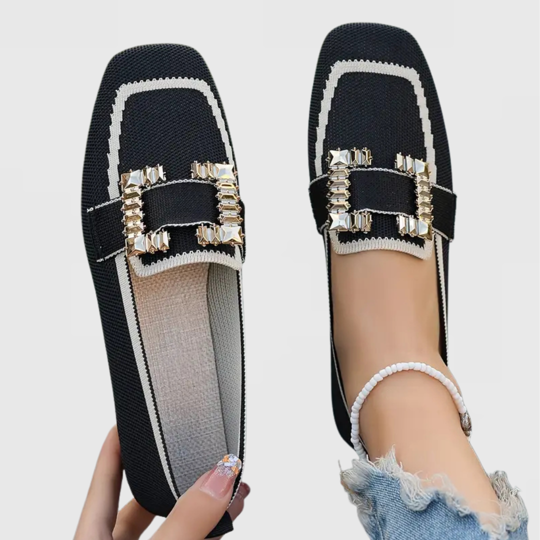 Square Toe Rhinestone Buckle Knit Flat Loafers