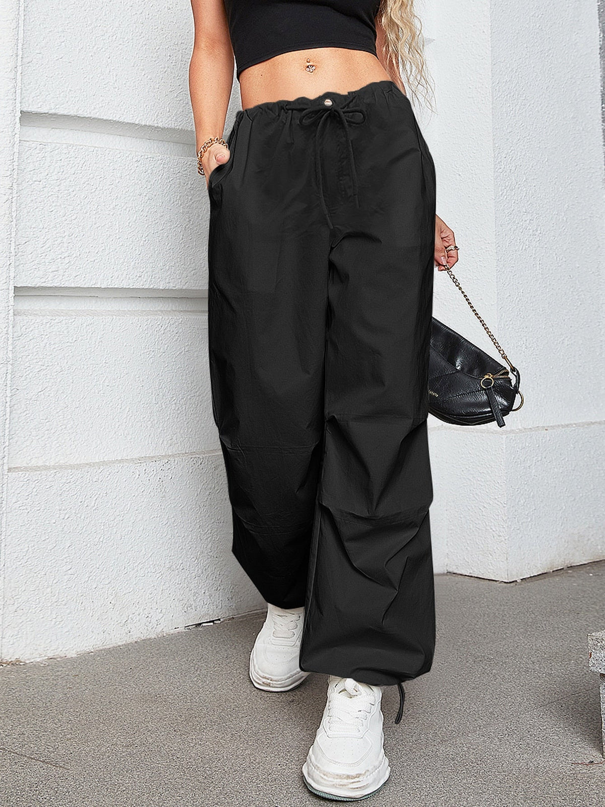 Drawstring Waist Slant Pocket Oversized Wide Leg Parachute Cargo Pants