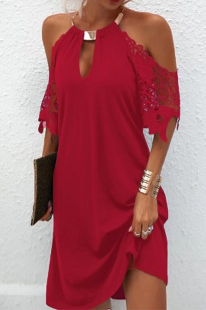 Cold Shoulder Lace Sleeve Metal Collar Keyhole Shift Mini Dress