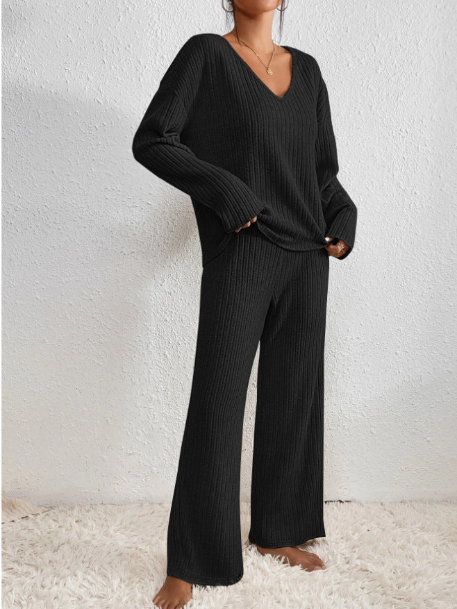 Ribbed Knit V-Neck Long Sleeve Top and Wide Leg Pants Two Piece Set