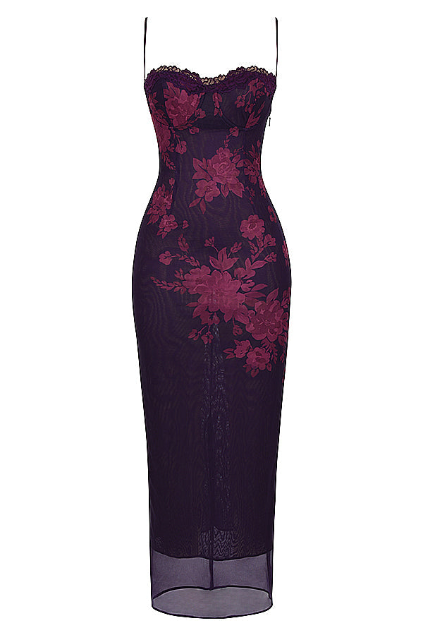 Floral Print Mesh Lace Trim Sweetheart Cami Bodycon Maxi Dress 15