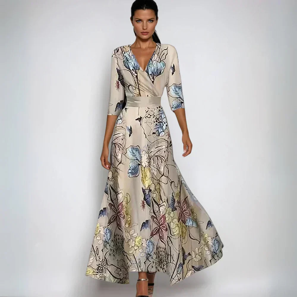 Floral Satin V-Neck Wrap Maxi Dress Wedding Guest