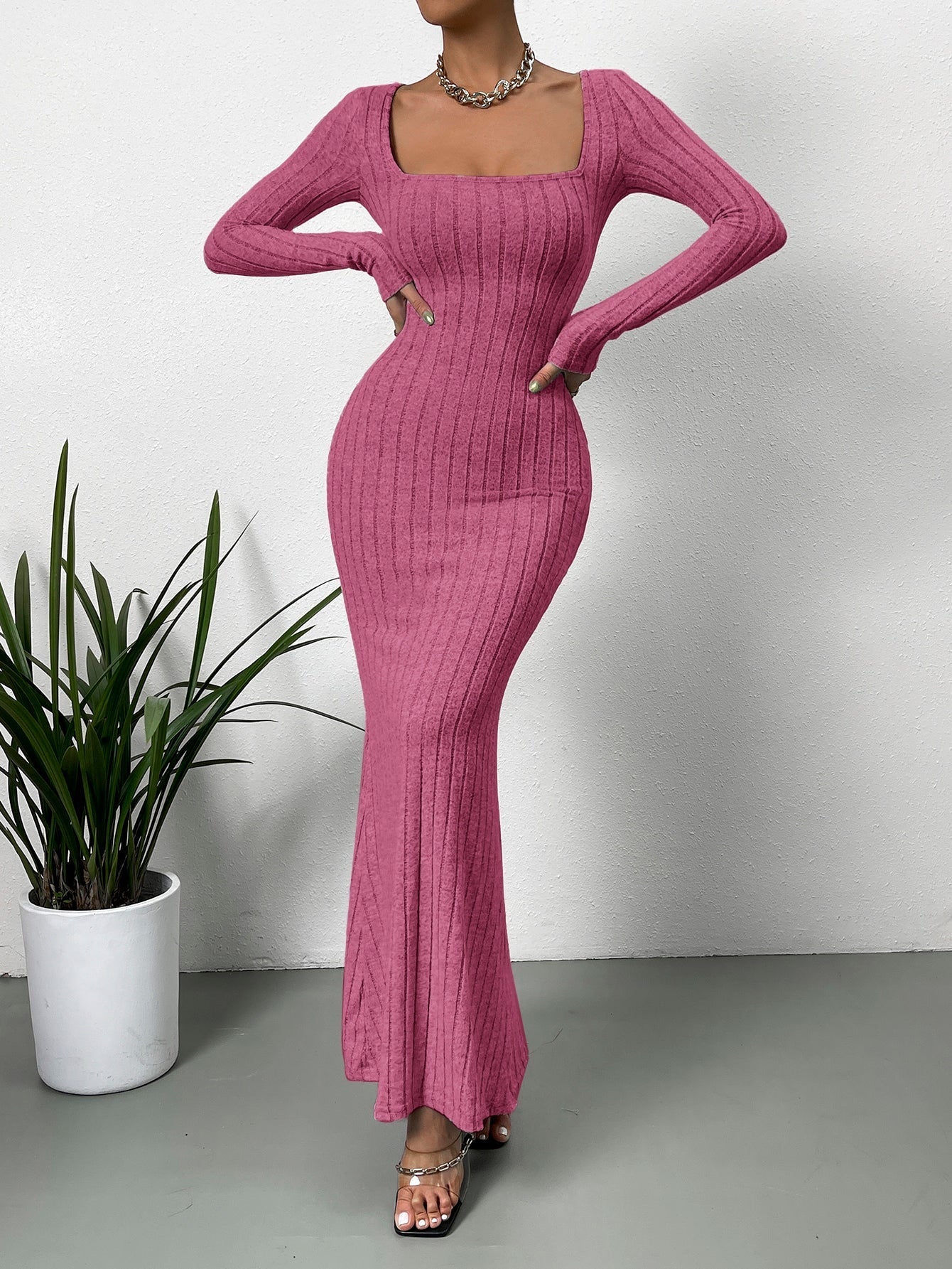 Square Neck Ribbed Knit Mermaid Hem Dress