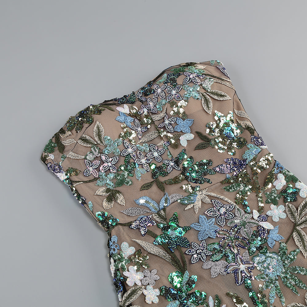 Strapless Floral Sequin Embroidered Mesh Column Maxi Dress 9