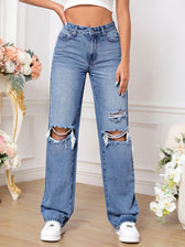 Distressed Straight-Leg Denim Jeans