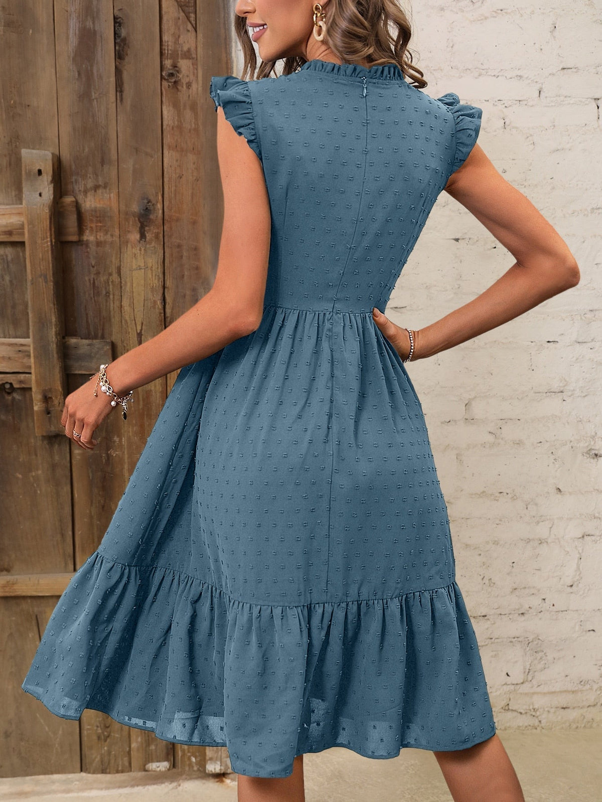 Swiss Dot Frill Mock Neck Ruffle Cap Sleeve Tiered Hem Midi Dress 2
