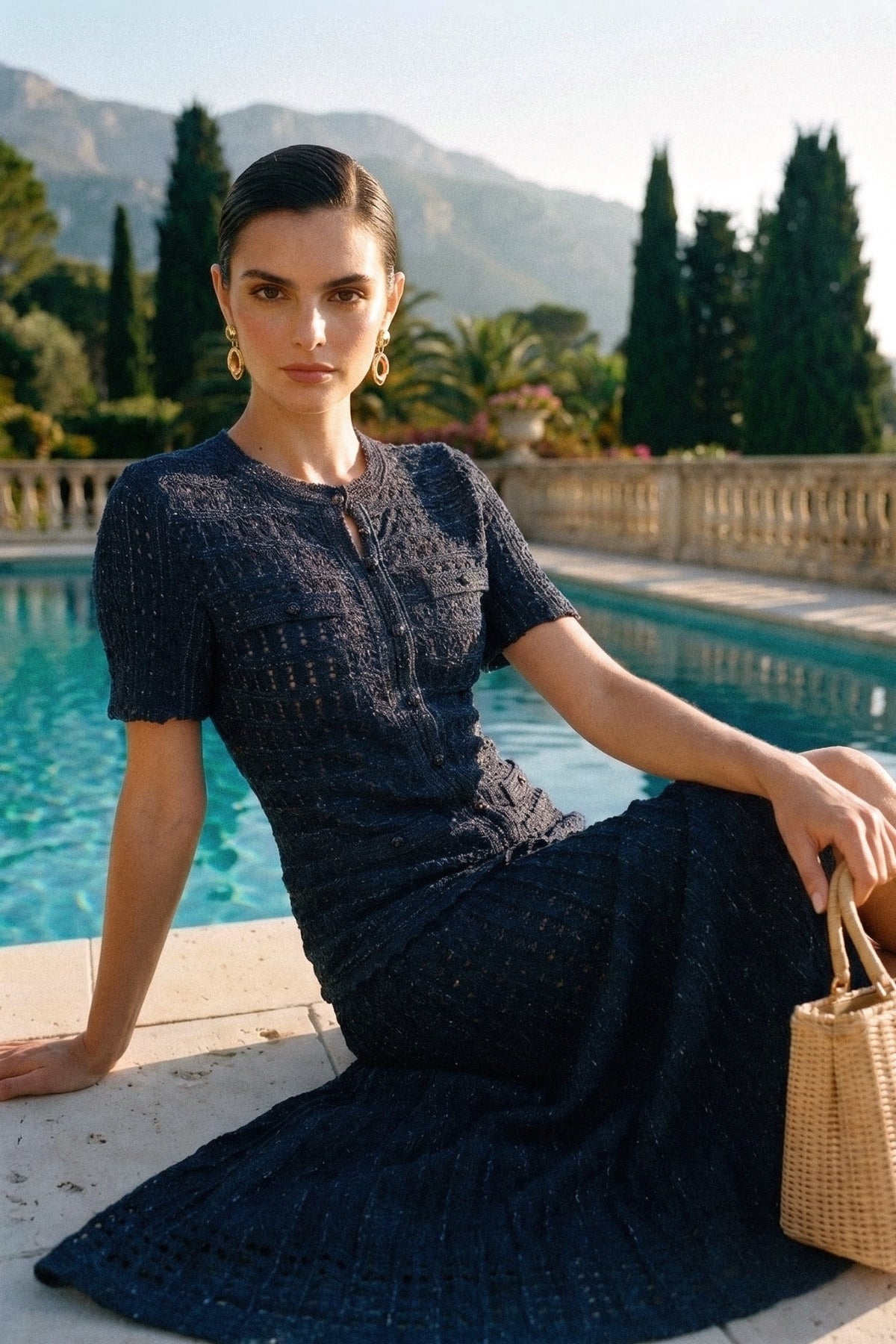 Shimmer Knit Short Sleeve Button Front Keyhole Neck Midi Dress 3