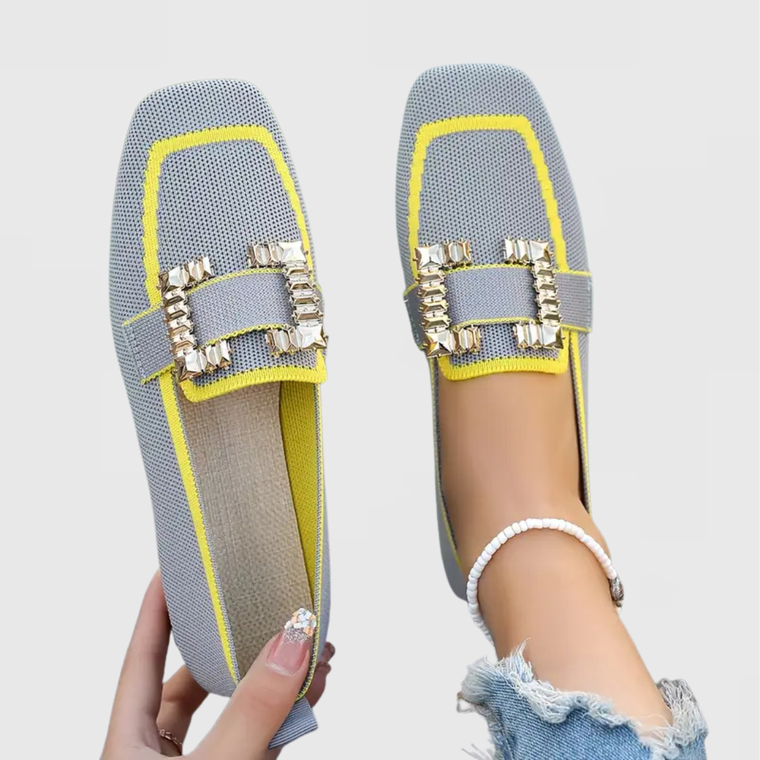 Square Toe Rhinestone Buckle Knit Flat Loafers
