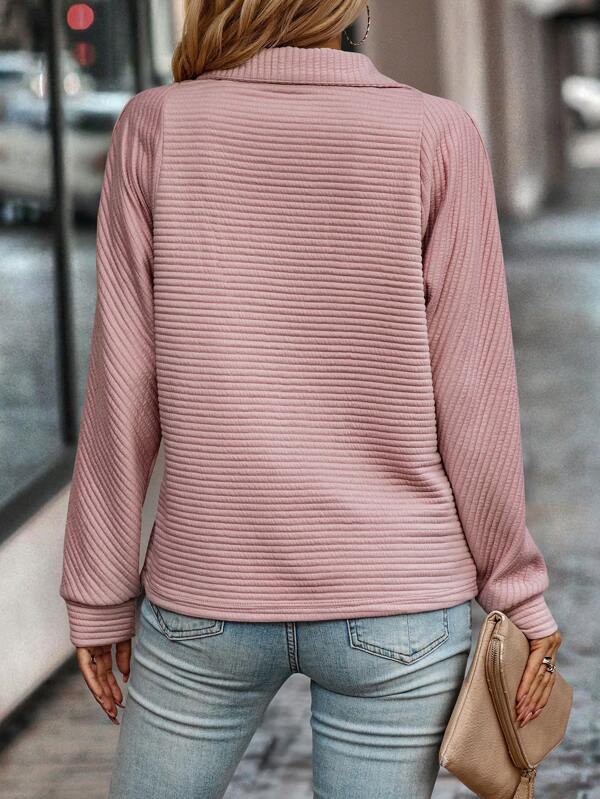 Quarter Zip Stand Collar Textured Rib Pullover Sweatshirt