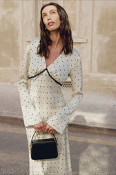 Satin Polka Dot V Neck A Line Midi Dress - View 6