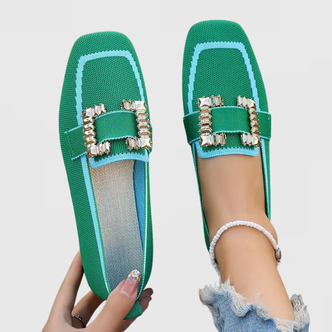 Square Toe Rhinestone Buckle Knit Flat Loafers