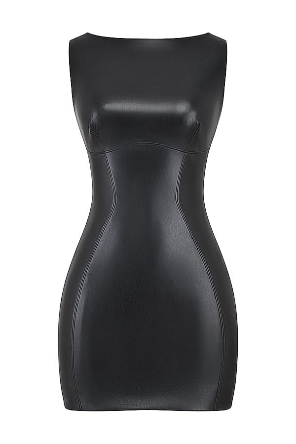 Faux Leather Boat Neck Sleeveless Seamed Bodycon Mini Dress 4