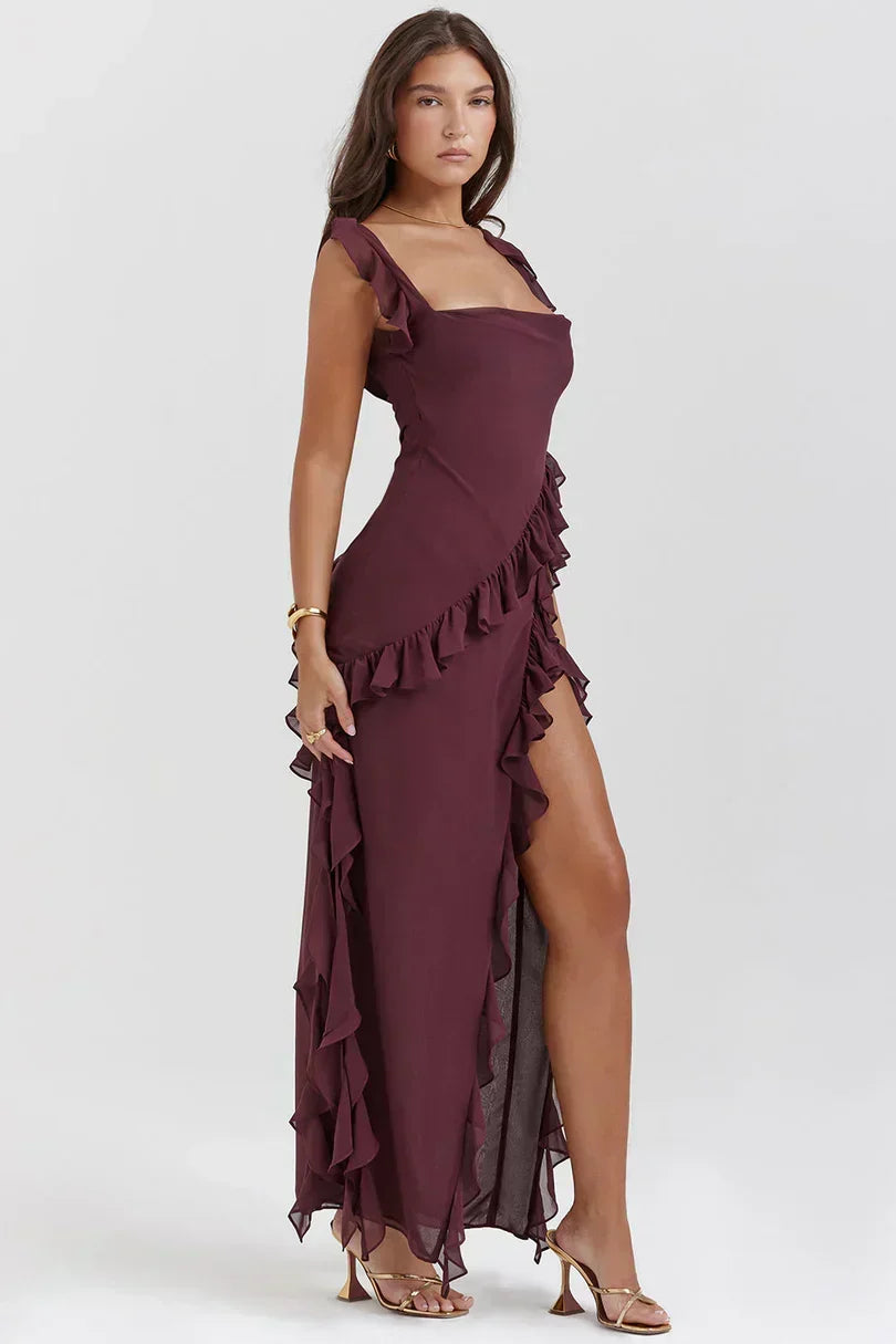 Chiffon Cowl Square Neck Ruffle Strap Cascading Ruffle High Split Maxi Dress 10