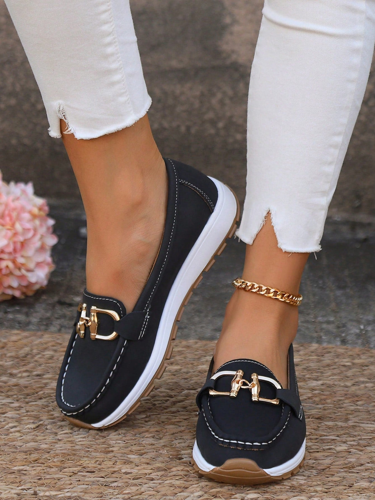 Suede Look Metal Bit Slip On Platform Loafers