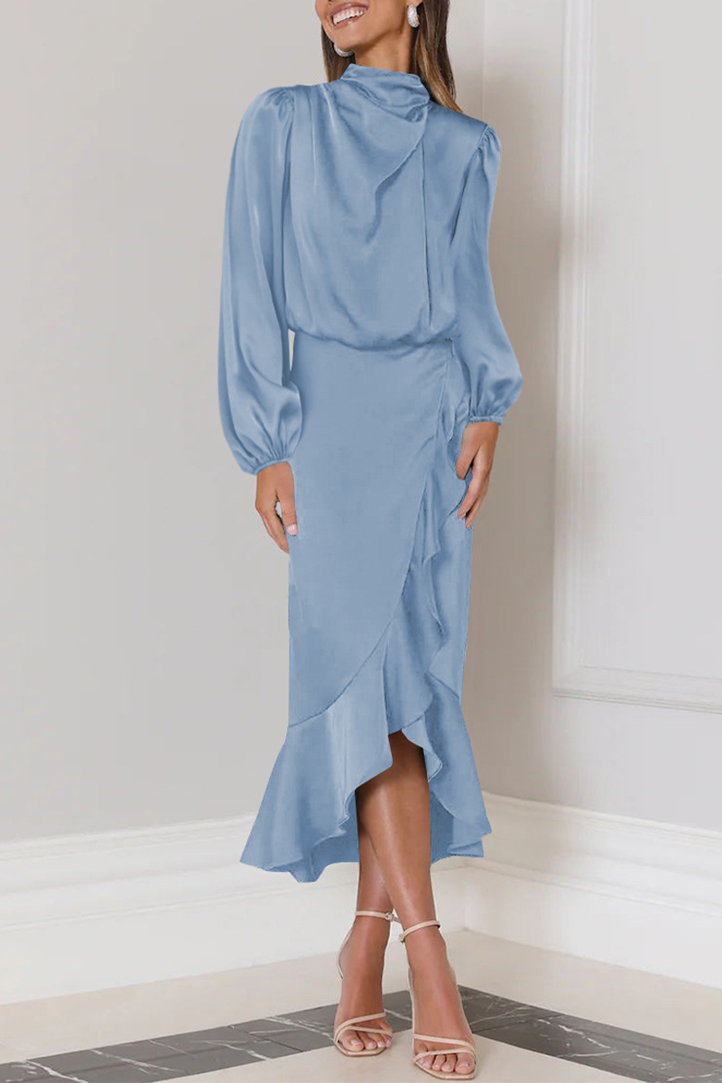 Elevated Angelina Long Sleeved Midi Dress with Ruffles and a High Neck Evening Wear Edit