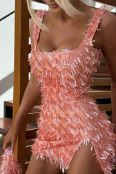 Trendy Tassel Backless Short Cami Split Sequin Dress