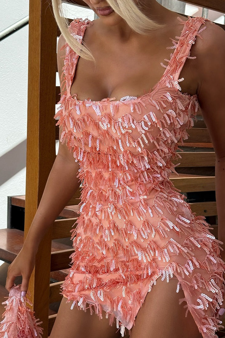 Sequin Fringe Square Neck Sleeveless Side Split Bodycon Mini Dress