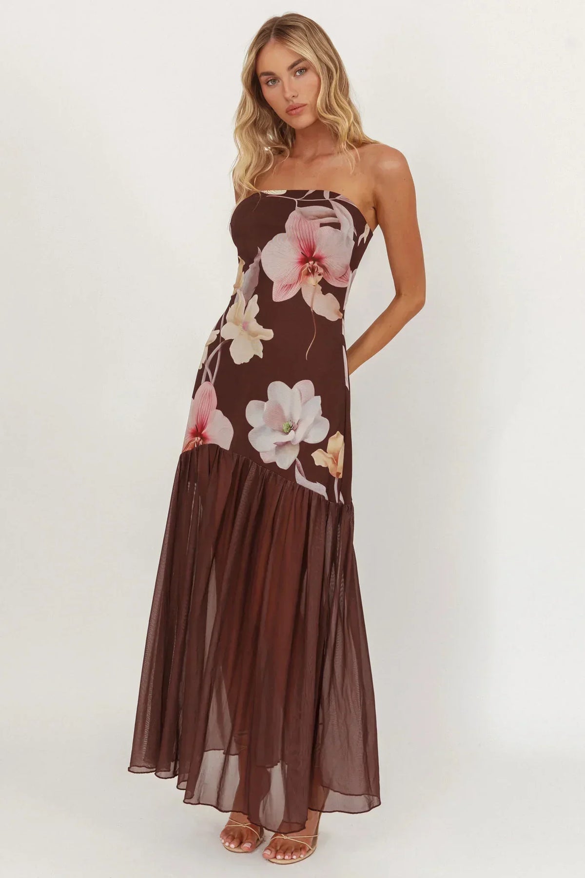Wilma Sheer Hem Strapless Midi Dress Orchids Brown