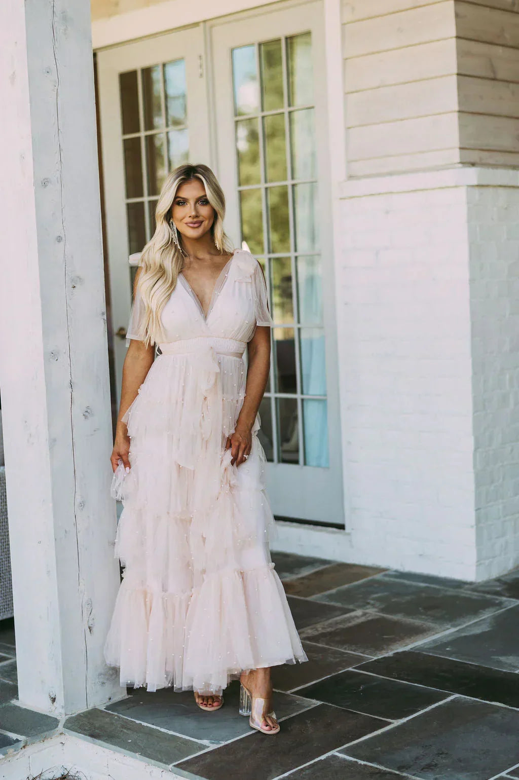 Pearl Embellished Tulle V-Neck Flutter Sleeve Ruffle Tiered Maxi Dress