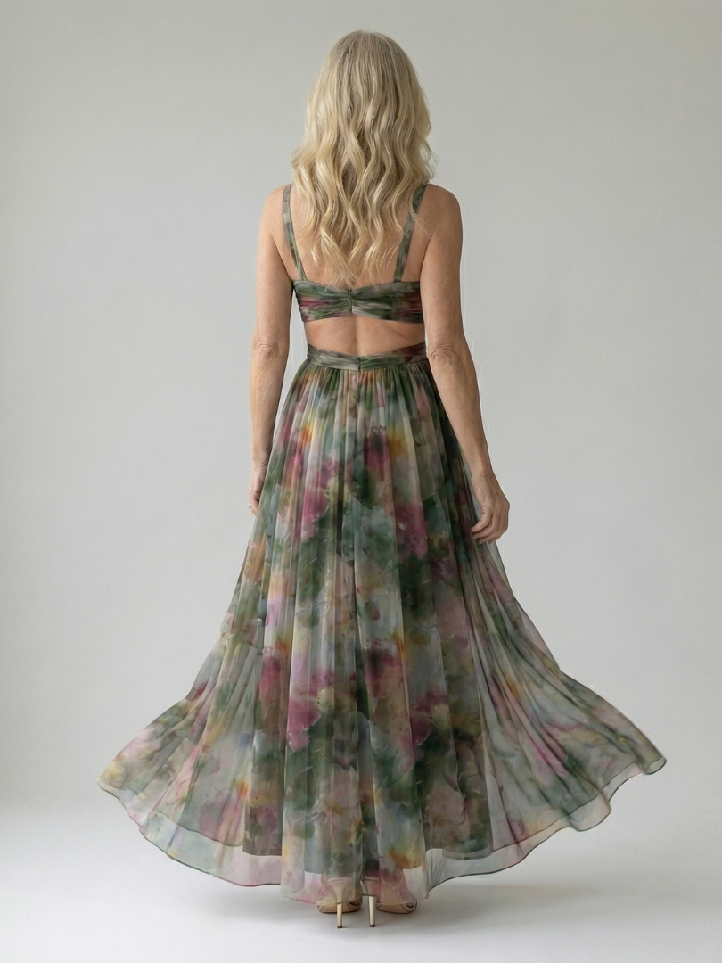 Floral V-Neck Twist Front Sleeveless Mesh Maxi Dress