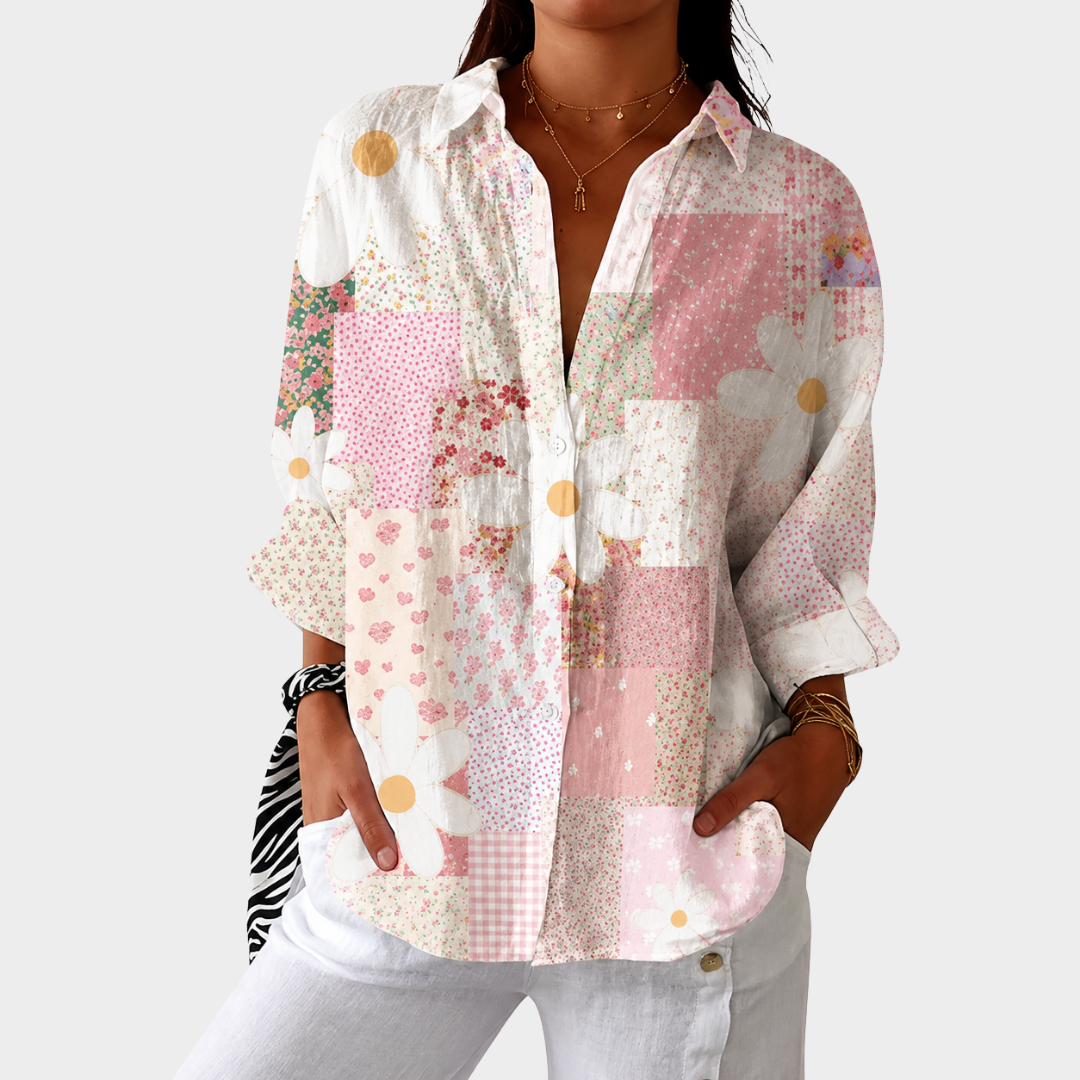 Patchwork Floral Print Long Sleeve Button Front Blouse
