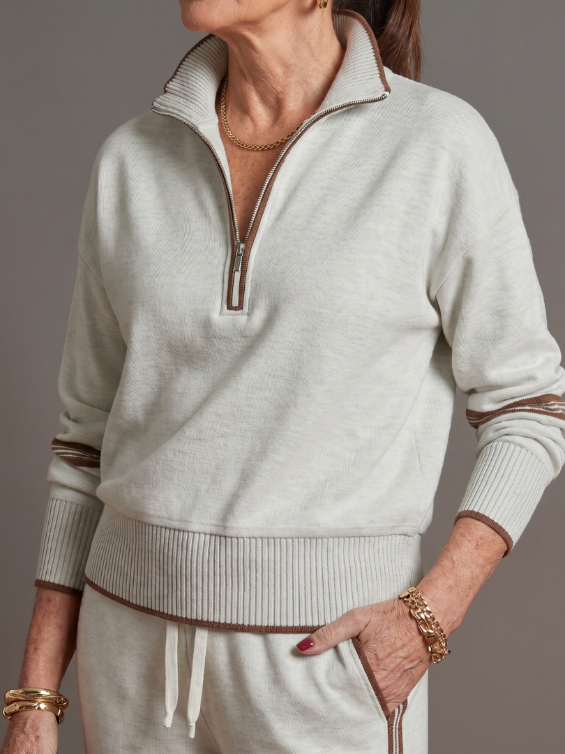 Quarter Zip Sweatshirt and Side Stripe Wide Leg Pants Two Piece Set