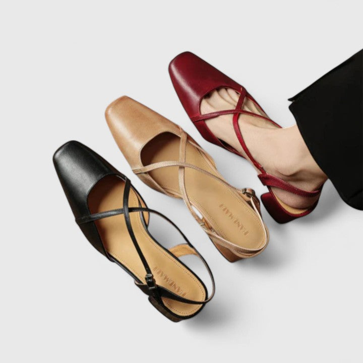 Square Toe Slingback Cross Strap Block Heel Pumps