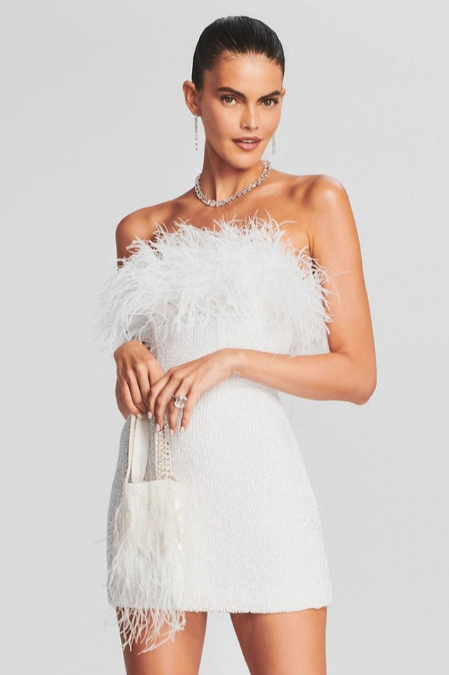 Strapless Feather Trim Sequin Bodycon Mini Party Dress 11