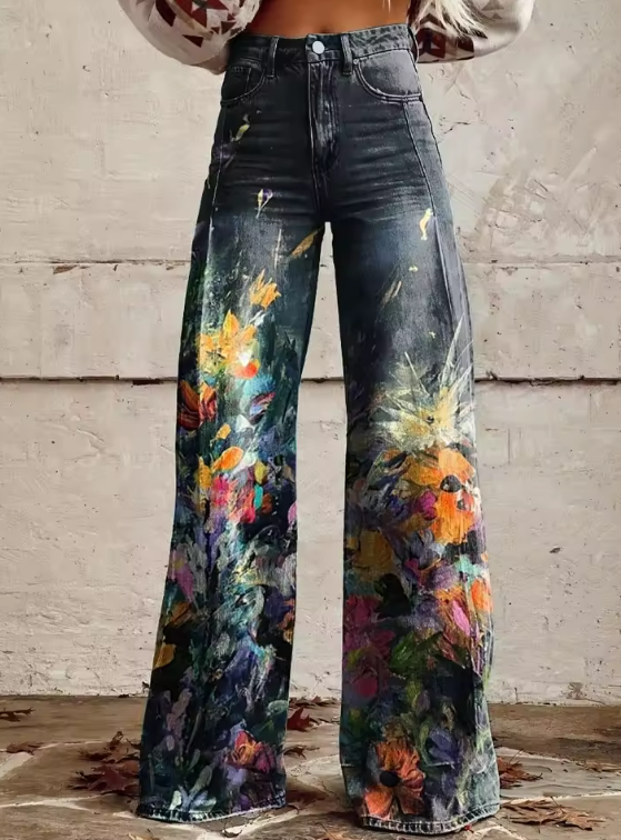 Floral Print High Waist Wide Leg Jeans