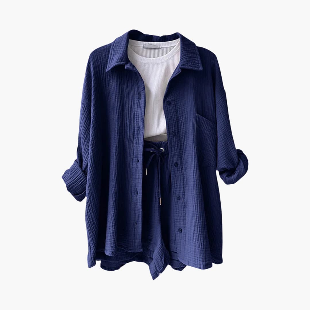 Button Front Shirt and Drawstring Shorts Two Piece Set