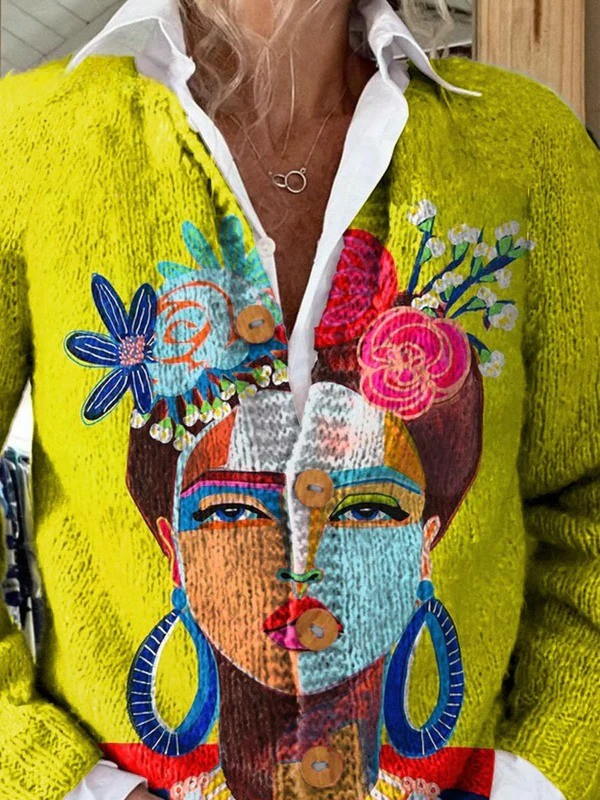 Abstract Face Art Print Button Front Collared Cardigan