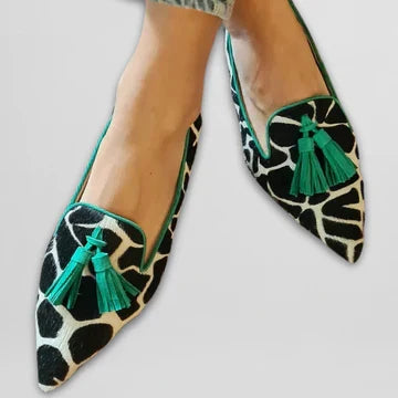 Cow Print Pointed Toe Tassel Flats