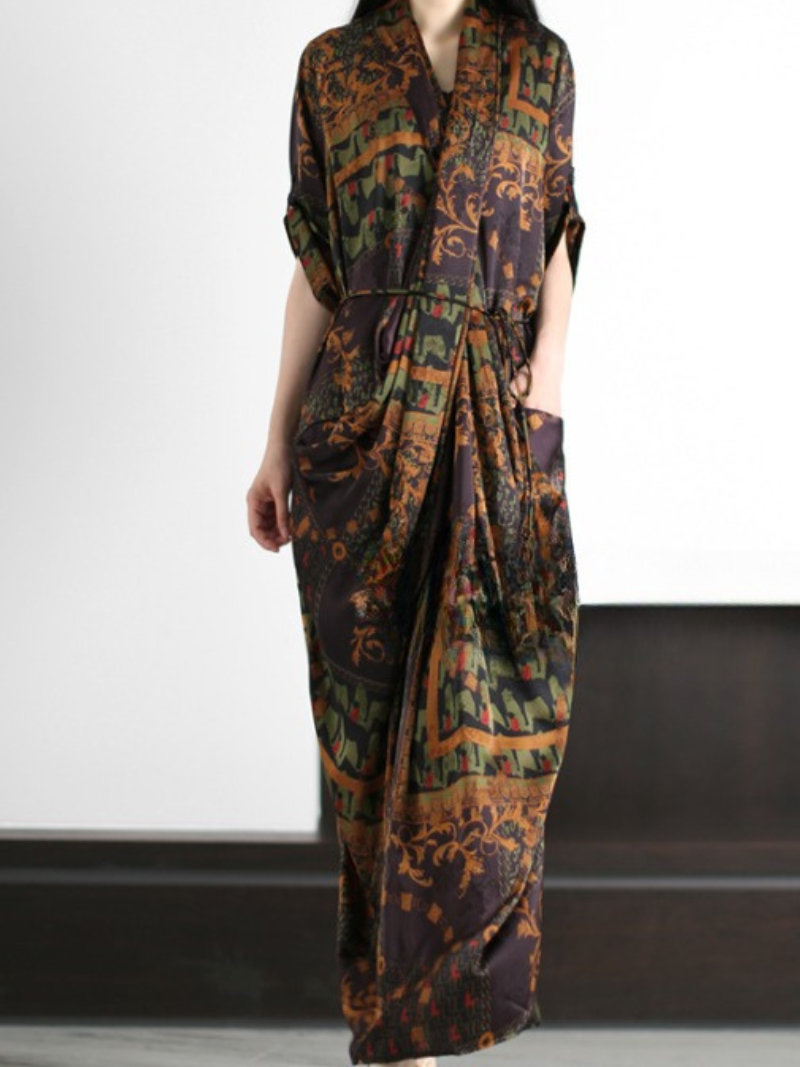Geometric Print V-Neck Short Sleeve Draped Tie Waist Maxi Dress 3