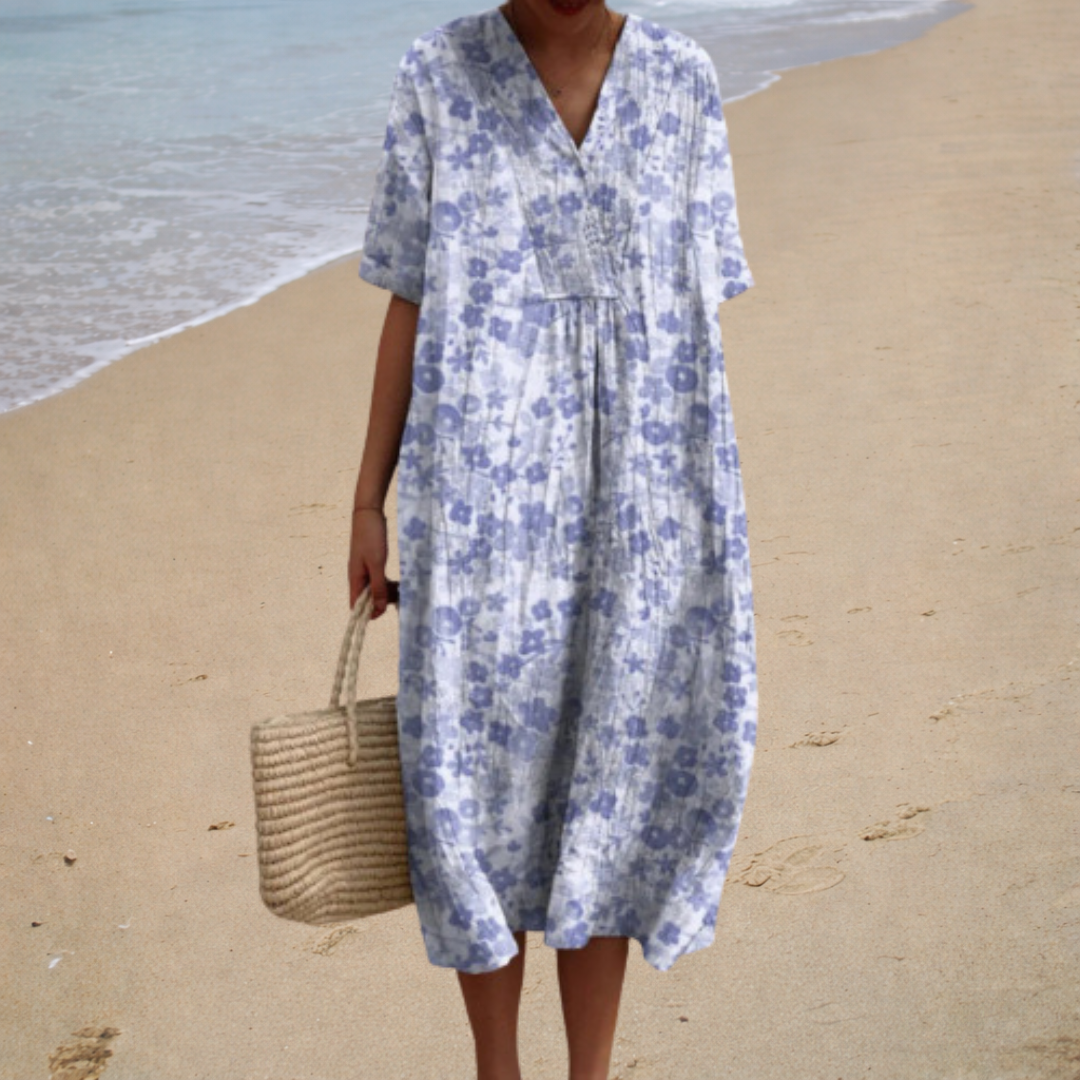 Floral V-Neck Short Sleeve Pleated Midi Dress Summer