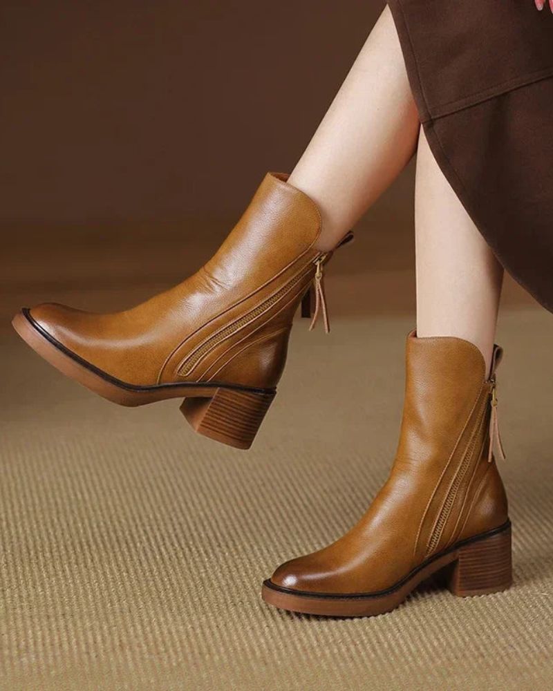 Round Toe Front Zip Block Heel Ankle Boots