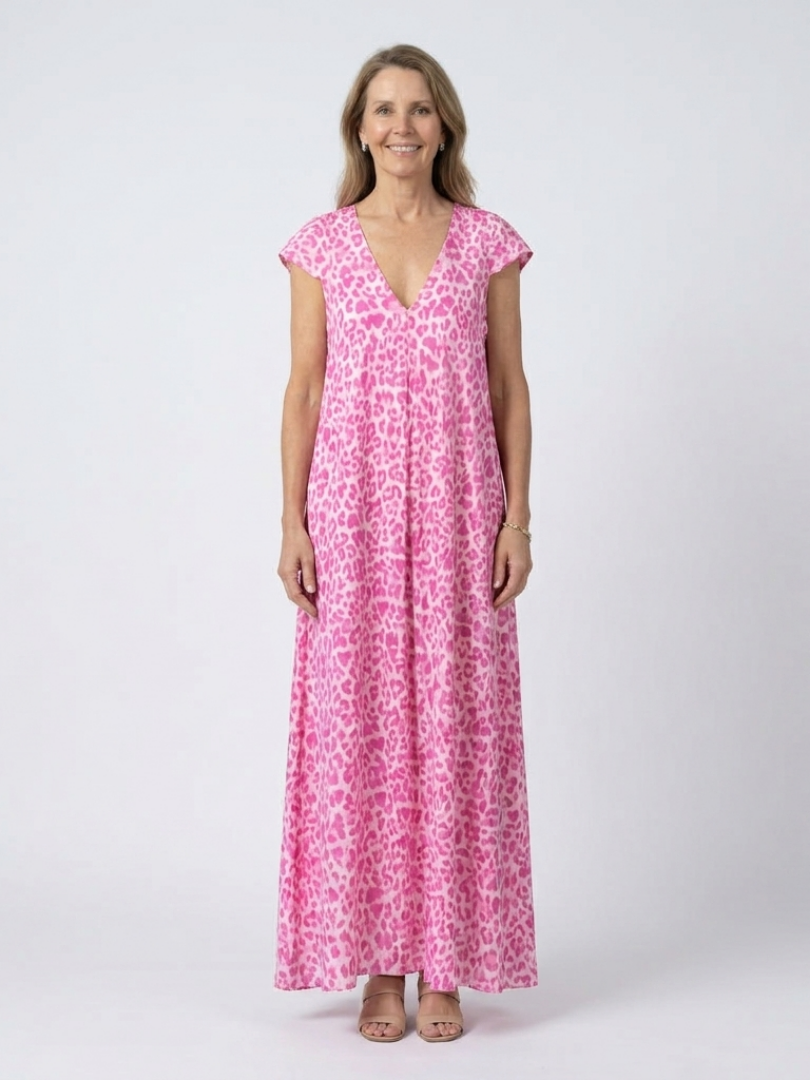 Leopard Print V-Neck Cap Sleeve Maxi Dress