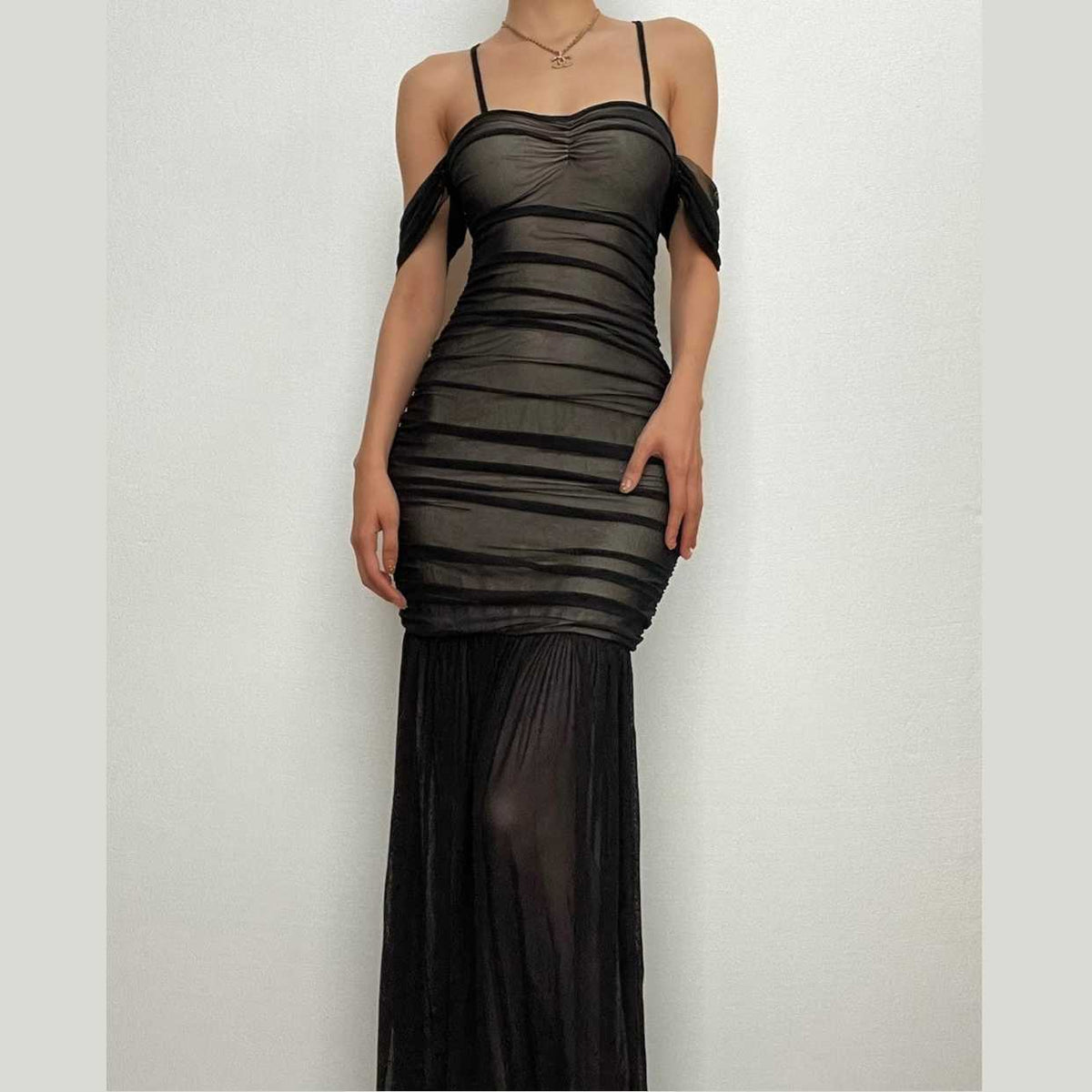 Ruched Mesh Cold Shoulder Spaghetti Strap Mermaid Maxi Dress