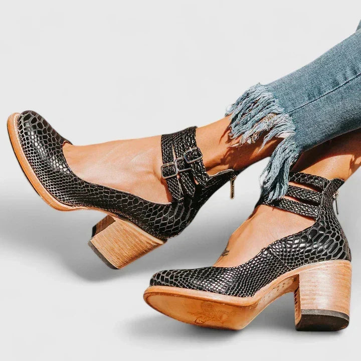 Round Toe Triple Buckle Ankle Strap Block Heel Pumps