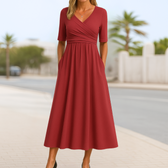 V-Neck Short Sleeve Ruched Fit and Flare Midi Dress 2