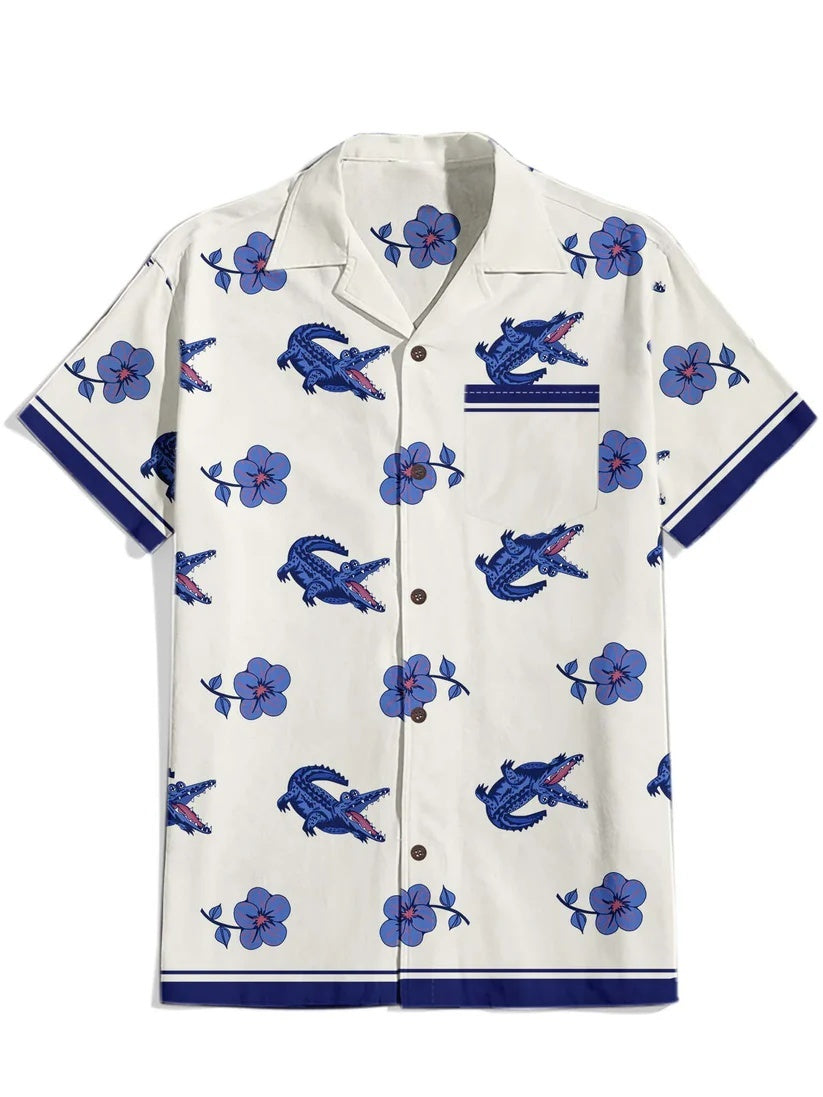 Crocodiles And Flowers - 100% Cotton Cuban Collar Shirt