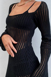 Crochet Knit Striped Square Neck Long Sleeve Maxi Dress 10