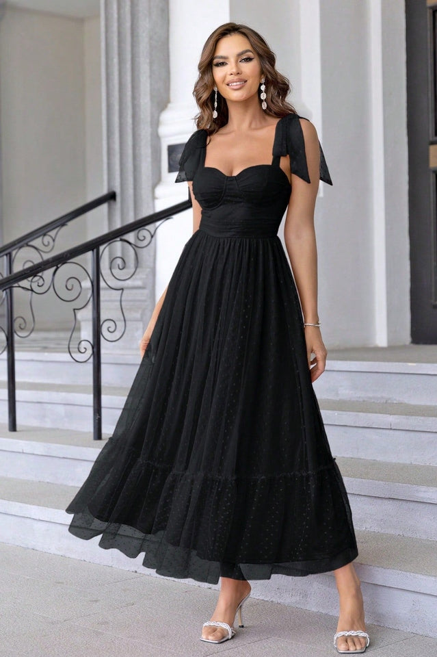 Tulle Swiss Dot Bustier Sweetheart Tie Shoulder Tiered Ruffle Maxi Dress
