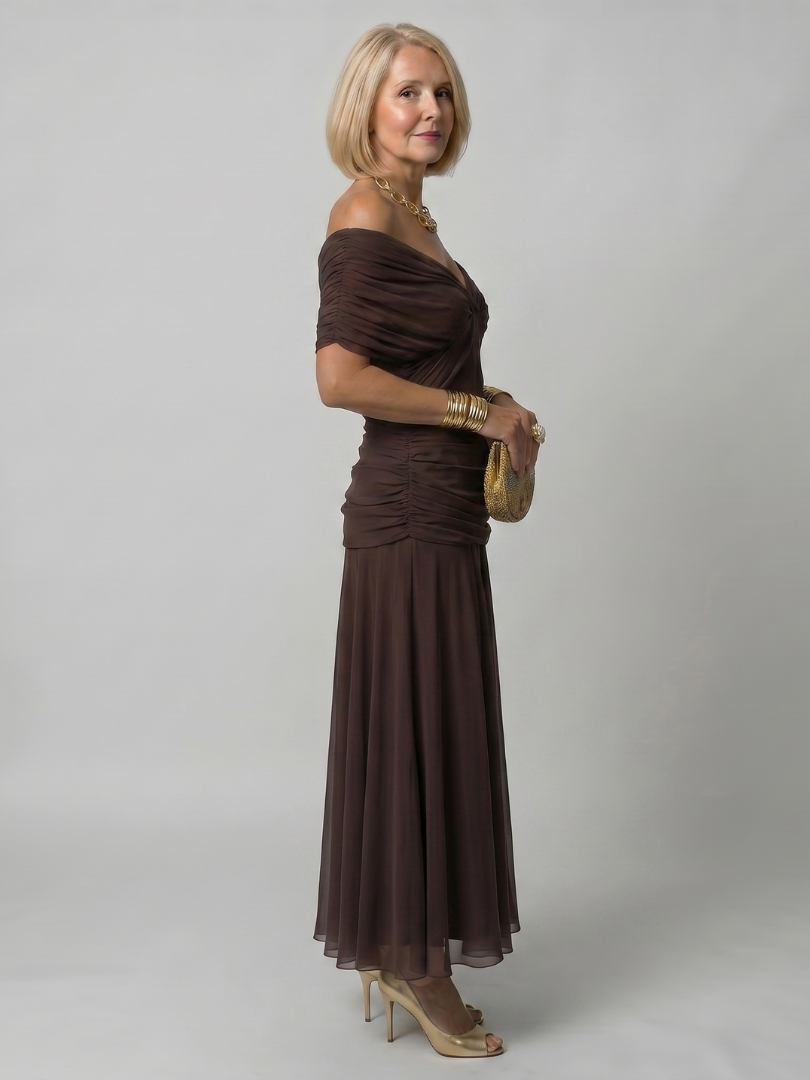 Floral Print Off Shoulder Twist Front Ruched Maxi Dress