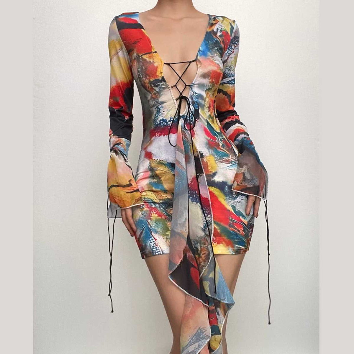 Abstract Print Deep V-Neck Lace Up Flare Sleeve Ruffle Front Mini Dress