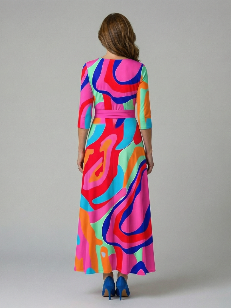 Floral V-Neck Wrap Three Quarter Sleeve Satin Maxi Dress