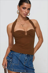 Backless Halter Tie Front Fitted Crop Top